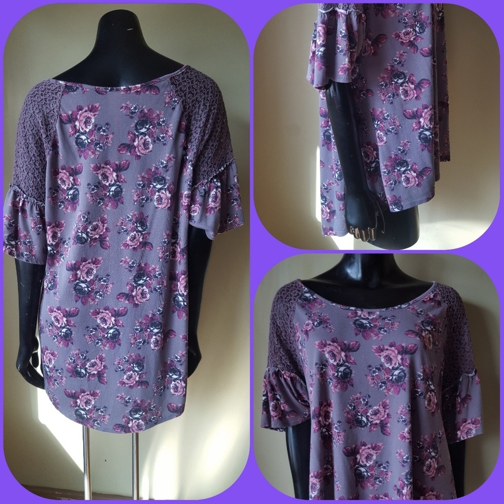 🌸 Lace & ruffles Floral Top size 1X Self Esteem🌸